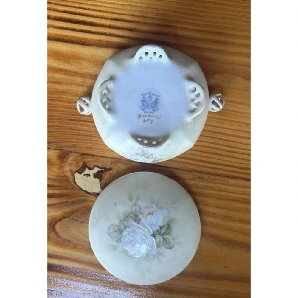 2-PC Antique Bayreuth Bavaria Ivory Vanity‎ Basket & Trinket Dish Artist Signed
